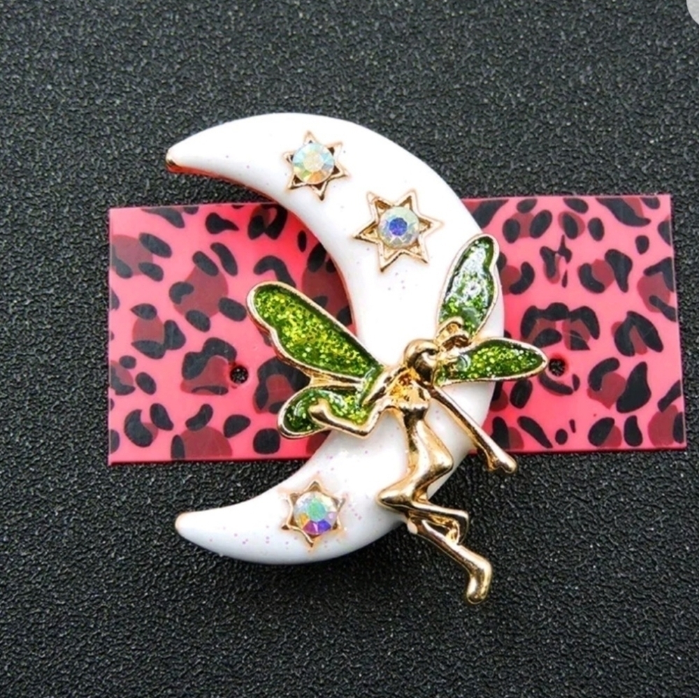 BETSEY Johnson Women's White Enamel Crystal Moon And Fairy Charm Brooch Pin